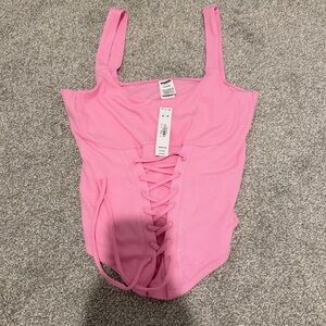 Pink Ribbed Lace-Up Top